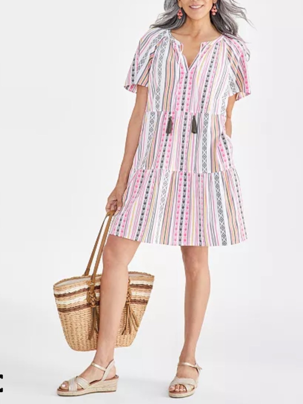 Style & Co Striped Tassel Tie Boho Dress Pink, White, Yellow size PL